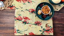 Load image into Gallery viewer, Tache Floral Red Roses Hummingbirds Golden Woven Tapestry Placemat Set (18115)