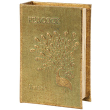 Load image into Gallery viewer, Peacock Metallic Gold Vintage Book Box | Faux Leather Wrap Book Shaped Storage Stash Trinket Box