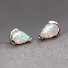 Load image into Gallery viewer, Minimalist Pear Shaped Australian Solid Opal Stud Earrings 14K Yellow Gold