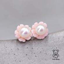 Load image into Gallery viewer, Sakura Freshwater Pearl Pink Mother of Pearl Stud Earrings in 18K Yellow Gold