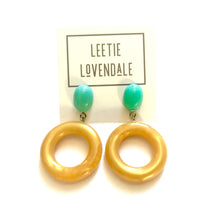 Load image into Gallery viewer, Teal &amp; Mustard Marbled Donut Drop Earrings
