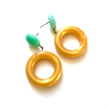 Load image into Gallery viewer, Teal &amp; Mustard Marbled Donut Drop Earrings