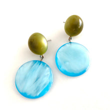 Load image into Gallery viewer, Ice Blue &amp; Olive Moonglow Statement Lucite Drop Earrings