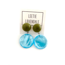 Load image into Gallery viewer, Ice Blue &amp; Olive Moonglow Statement Lucite Drop Earrings