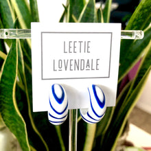 Load image into Gallery viewer, Sapphire Blue and White Stripe Bulb Agate Hoop Earrings