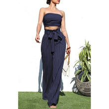 Load image into Gallery viewer, Pinstripe Smocked Top and Pants Set Ensemble in Navy [Sizes M-L]