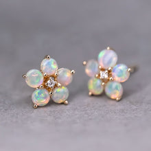 Load image into Gallery viewer, Plum Blossom Sakura Solid Opal Diamond Stud Earrings 14k Yellow Gold