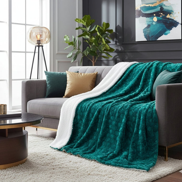 DaDa Bedding Mermaid Scales Emerald Green Blue w/ Sherpa Backside Faux Fur Throw Blanket (BL-171805)
