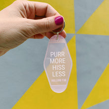 Load image into Gallery viewer, Purr More Hiss Less Motel Style Keychain in Pink Translucent