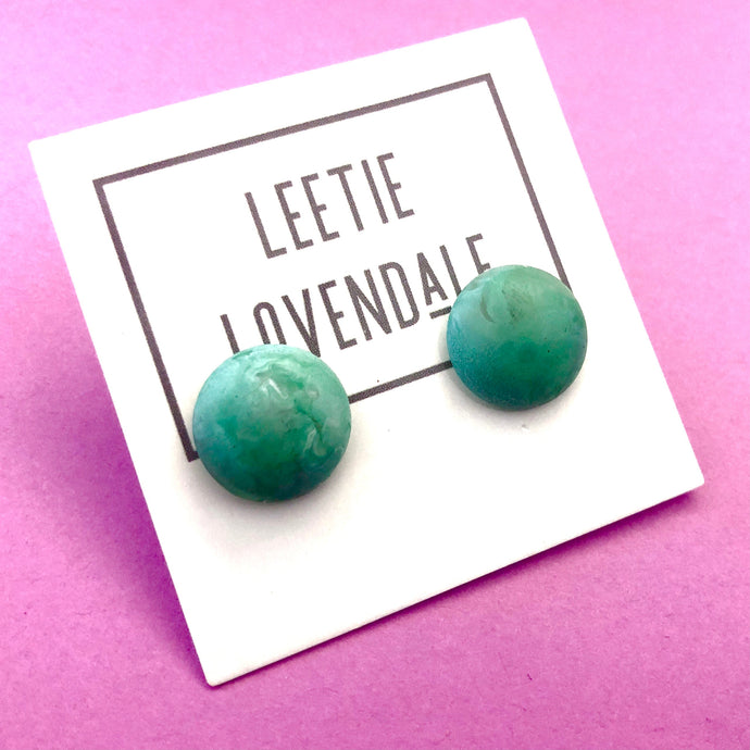 Teal Marbled Retro Button Stud Earrings