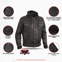 Load image into Gallery viewer, Men&#39;s Black Lightweight Drum Dyed  Distressed Lambskin Jacket with Removable Hoodie