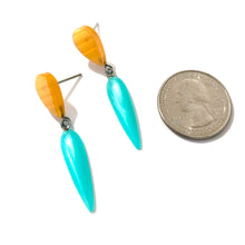 Load image into Gallery viewer, Teal &amp; Citron Moonglow Exclamation Drop Statement Earrings