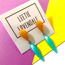Load image into Gallery viewer, Teal &amp; Citron Moonglow Exclamation Drop Statement Earrings