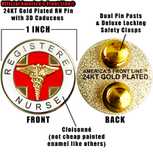 Load image into Gallery viewer, CL4-02 Registered Nurse 24 KT Gold plated Cloisonné RN pin nursing school graduation gift with dual pin posts and deluxe safety locking clasps