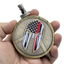 Load image into Gallery viewer, EL4-019 Fire Department Fire Fighter Warrior Gladiator Thin Red Line Shield with removable Sword Challenge Coin Set EMT Paramedic Emergency Services Rescue