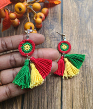 Load image into Gallery viewer, Green, Yellow, Red Tassel Earrings