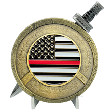 Load image into Gallery viewer, EL4-019 Fire Department Fire Fighter Warrior Gladiator Thin Red Line Shield with removable Sword Challenge Coin Set EMT Paramedic Emergency Services Rescue