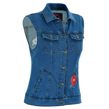 Load image into Gallery viewer, Women's Blue Denim Snap Front Vest with Red Daisy