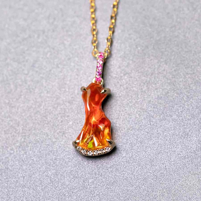 Stunning Red Fire Opal Diamond Pink Sapphire Necklace 18K Yellow Gold