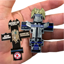 Load image into Gallery viewer, FF-003 Red Sox inspired Boston Police Thin Blue Line St. Michael Cross Challenge Coin medallion