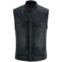 Load image into Gallery viewer, Highway Jack Men's Black Leather Motorcycle Vest Scoop Neck &amp; Snap-Closure Pockets