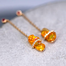 Load image into Gallery viewer, Ribbon Wrapped Fire Opal Ruby Diamond Drop Earrings 18K Yellow Gold