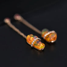 Load image into Gallery viewer, Ribbon Wrapped Fire Opal Ruby Diamond Drop Earrings 18K Yellow Gold