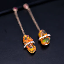 Load image into Gallery viewer, Ribbon Wrapped Fire Opal Ruby Diamond Drop Earrings 18K Yellow Gold