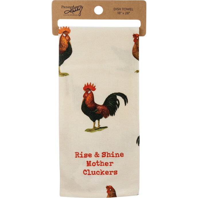 Rise & Shine Mother Cluckers Dish Cloth Towel | Cotten Linen Novelty Tea Towel | Embroidered Text | 18