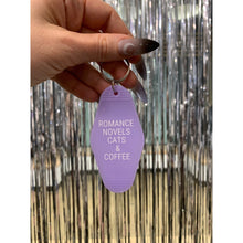 Load image into Gallery viewer, Romance Novels Cats &amp; Coffee Motel Style Keychain in Purple