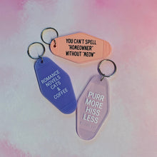 Load image into Gallery viewer, Romance Novels Cats &amp; Coffee Motel Style Keychain in Purple