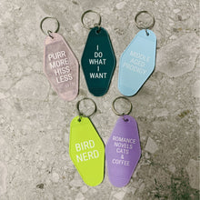 Load image into Gallery viewer, Romance Novels Cats &amp; Coffee Motel Style Keychain in Purple