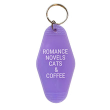 Load image into Gallery viewer, Romance Novels Cats &amp; Coffee Motel Style Keychain in Purple