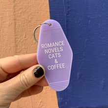 Load image into Gallery viewer, Romance Novels Cats &amp; Coffee Motel Style Keychain in Purple