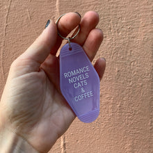 Load image into Gallery viewer, Romance Novels Cats &amp; Coffee Motel Style Keychain in Purple