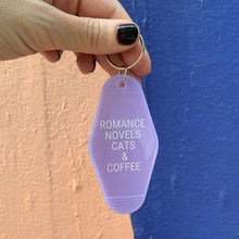 Load image into Gallery viewer, Romance Novels Cats &amp; Coffee Motel Style Keychain in Purple