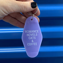 Load image into Gallery viewer, Romance Novels Cats &amp; Coffee Motel Style Keychain in Purple