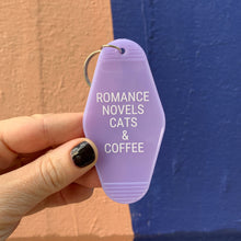 Load image into Gallery viewer, Romance Novels Cats &amp; Coffee Motel Style Keychain in Purple