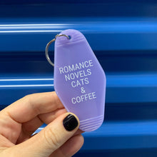 Load image into Gallery viewer, Romance Novels Cats &amp; Coffee Motel Style Keychain in Purple