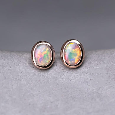 14K Rose Gold Small Oval Australian Solid Opal Stud Earrings