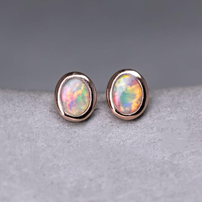 14K Rose Gold Small Oval Australian Solid Opal Stud Earrings