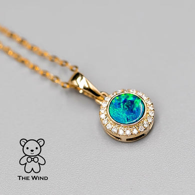 Round Shaped Australian Doublet Opal Halo Diamond Pendant Necklace 14k Yellow Gold