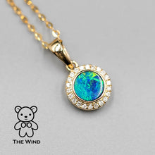 Load image into Gallery viewer, Round Shaped Australian Doublet Opal Halo Diamond Pendant Necklace 14k Yellow Gold