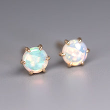 Load image into Gallery viewer, Round Shaped Six Prong Australian Solid Opal Stud Earrings 14K Yellow Gold