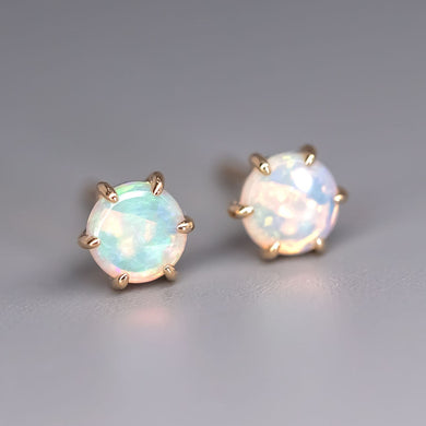Round Shaped Six Prong Australian Solid Opal Stud Earrings 14K Yellow Gold