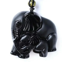 Load image into Gallery viewer, Obsidian Carved Mother &amp; Baby Elephant Necklace