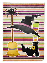 Load image into Gallery viewer, Witch Costume and Broom on Stripes Halloween Garden Flag – Decorative Outdoor Yard Flag