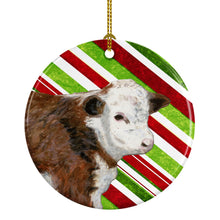 Load image into Gallery viewer, Baby Calf Candy Cane Holiday Christmas Ornament - Round Ceramic Ornament – Artist-Designed Keepsake Decoration SB3133CO1