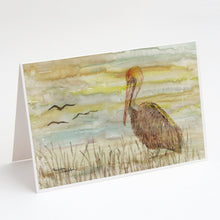 Load image into Gallery viewer, Brown Pelican Yellow Sky Greeting Cards -  Blank Note Cards – 8-Pack of Artist-Designed Cards with Envelopes