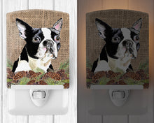 Load image into Gallery viewer, Boston Terrier Faux Burlap and Pine cones Ceramic Night Light SC9051CNL